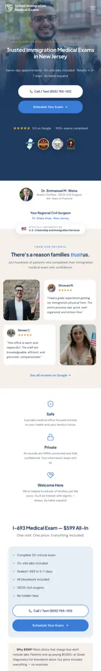 United Medical Exams website — mobile