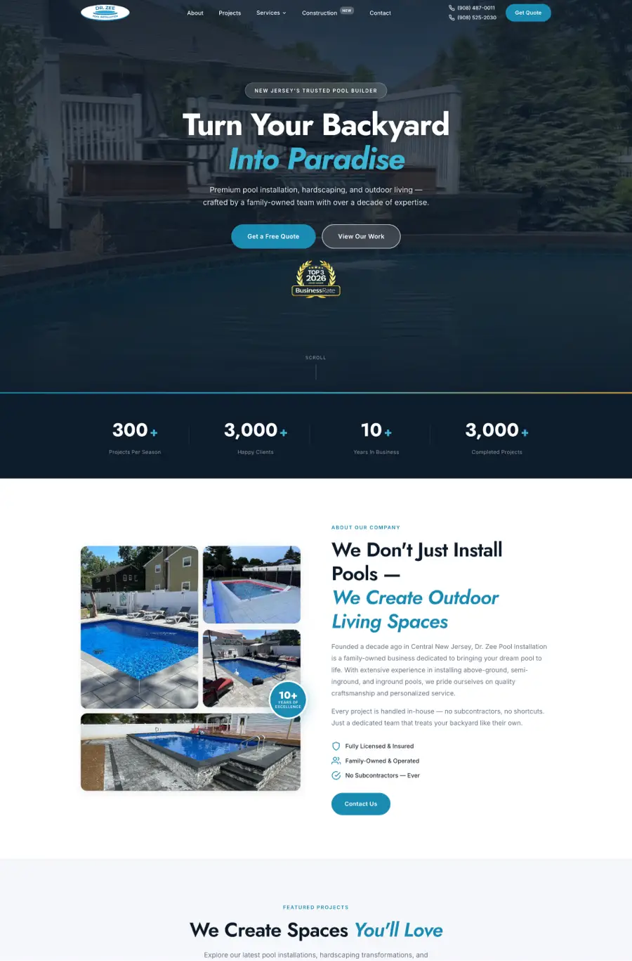 Zee Pools website — desktop
