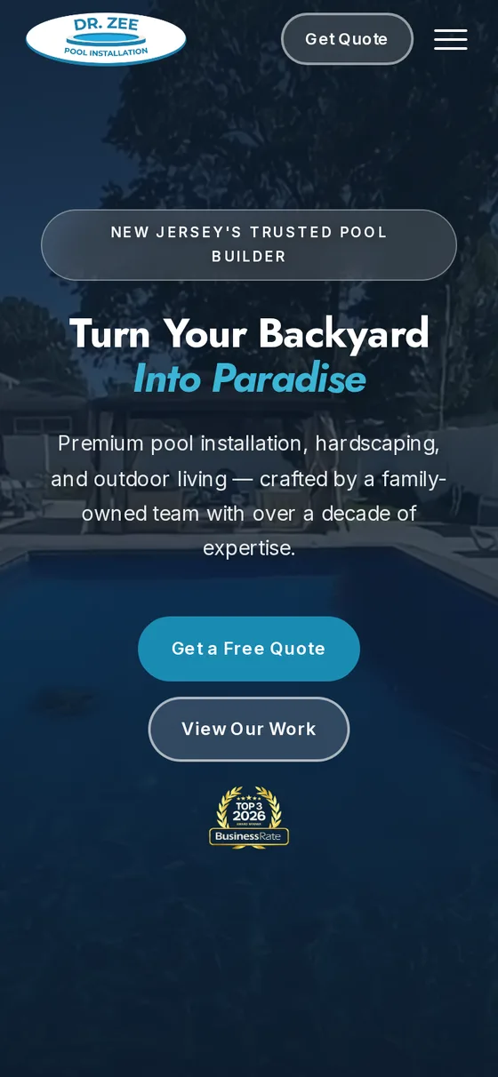 Zee Pools website — mobile